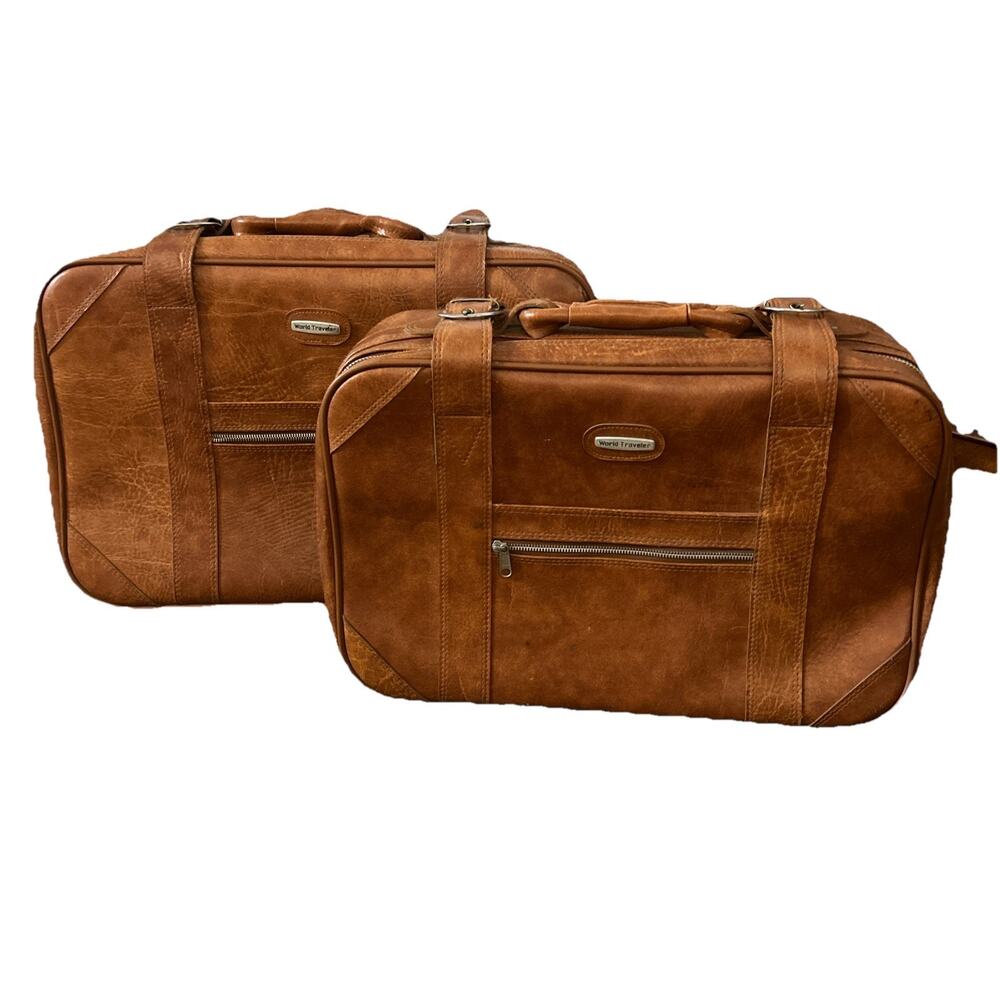 Vintage World Traveler 2-Piece Leather Nesting Luggage Set Good Pre Owned Set!
